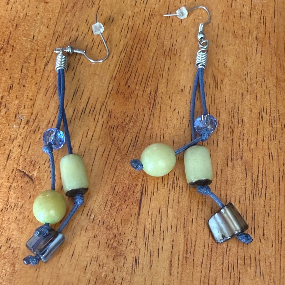 Artisan Boho Blue Cord Drop Earrings Green Stone Shell Crystal Dangle 3.5"